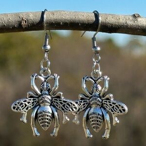 Silver Honey Bee, Nature, Insect, Boho Earrings, 1”, New